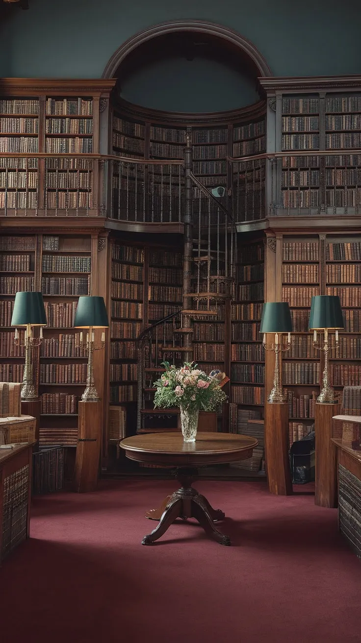 Lost in the labyrinthine shelves of this Victorian library, surrounded by the whispered secrets of gothic literature, time seems to stand still. The scent of aged paper and dark wood hangs heavy in the air, a comforting stillness broken only by the gentle rustle of turning pages. A single vase of flowers, a splash of vibrant life amidst the shadows, offers a poignant counterpoint to the somber elegance of the space.