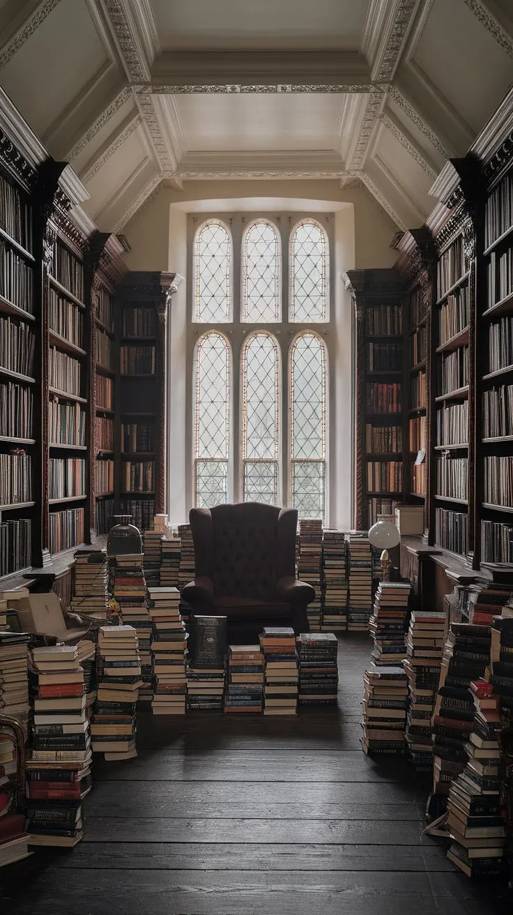 The air hangs heavy with the scent of aged paper and forgotten stories in this grand Victorian library. Towering shelves overflow with classic gothic novels, their spines whispering tales of mystery and suspense. A plush armchair, nestled amongst piles of books, invites you to lose yourself in another world, a world of shadows and secrets, a world entirely your own. A truly captivating space.