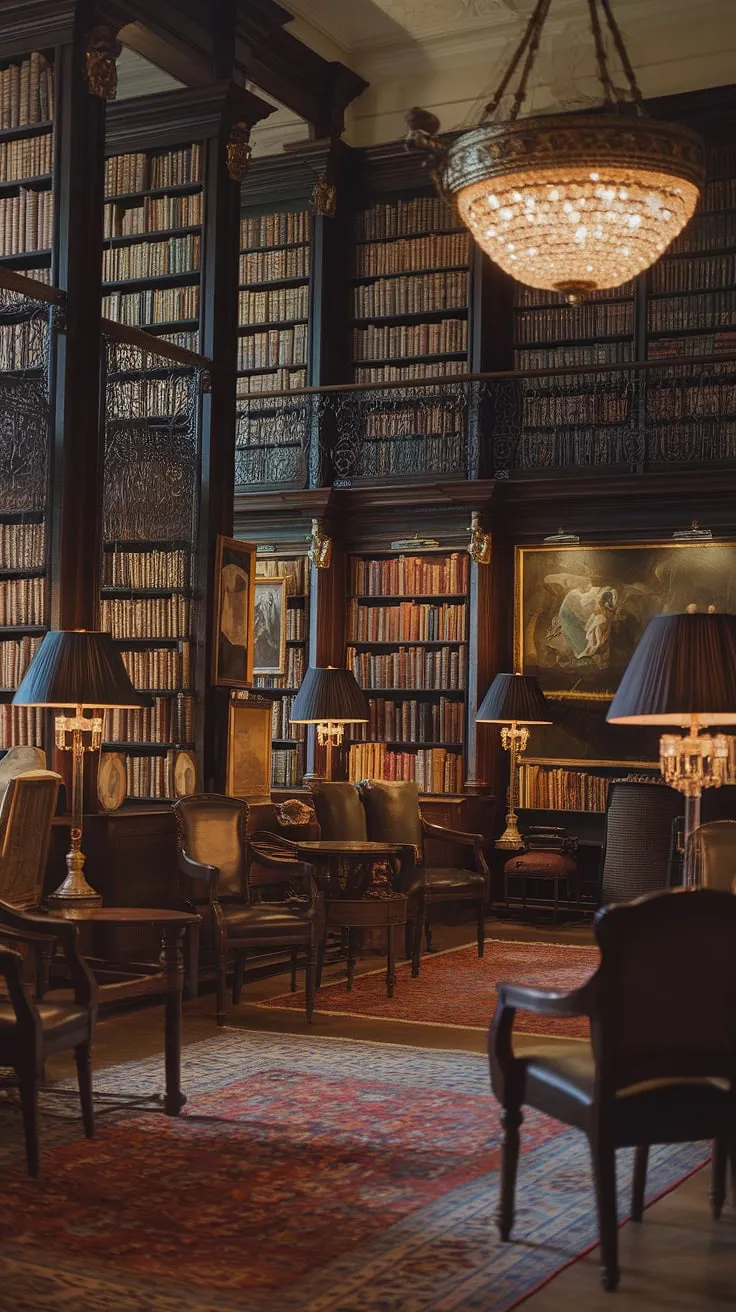 The rich aroma of aged paper and leather fills the air in this magnificent Victorian library. A symphony of shadows and light dances across the ornate shelves, each book a portal to another world. A place to lose yourself in the beauty of stories untold. A truly captivating scene.