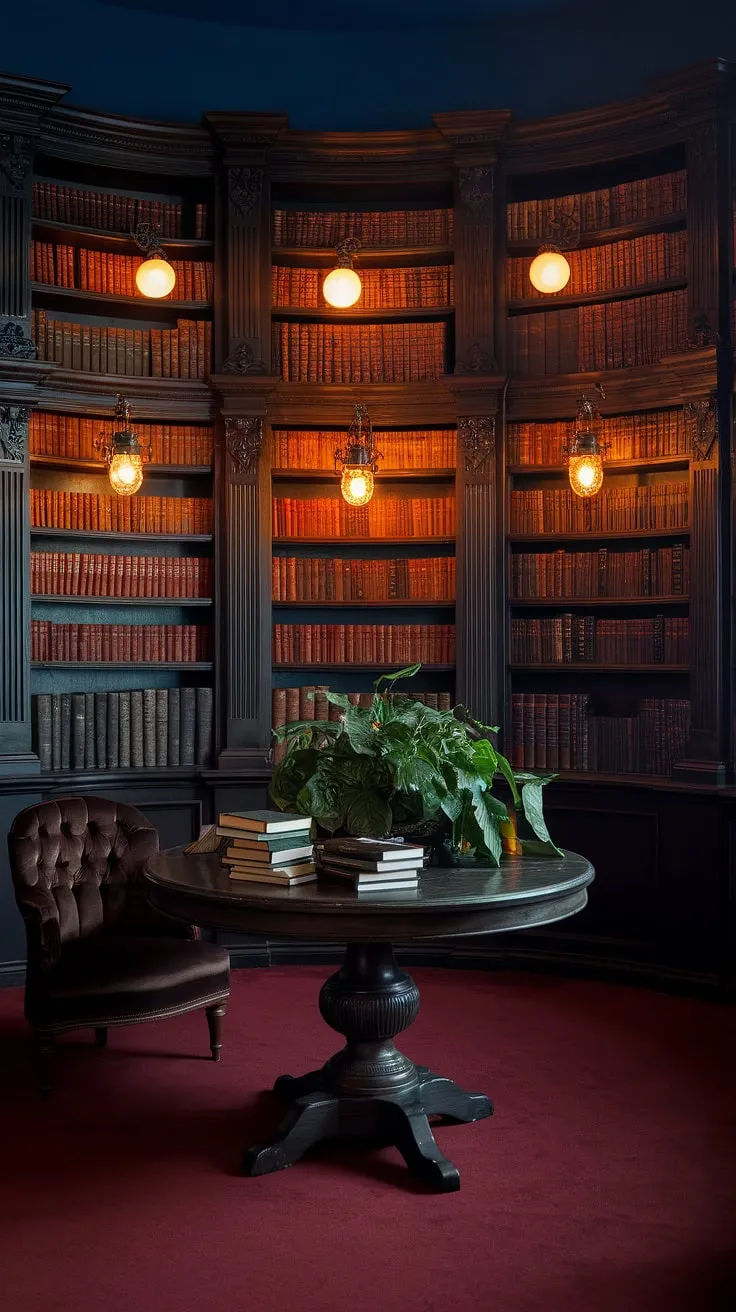 Lost in the labyrinthine shelves of this Victorian library, the scent of aged paper and leather hangs heavy in the air. A single lamp casts a warm glow on the spines of countless gothic novels, promising untold tales of mystery and suspense. The plush chair beckons, inviting a quiet evening of reading and reflection. A perfect sanctuary for the soul.