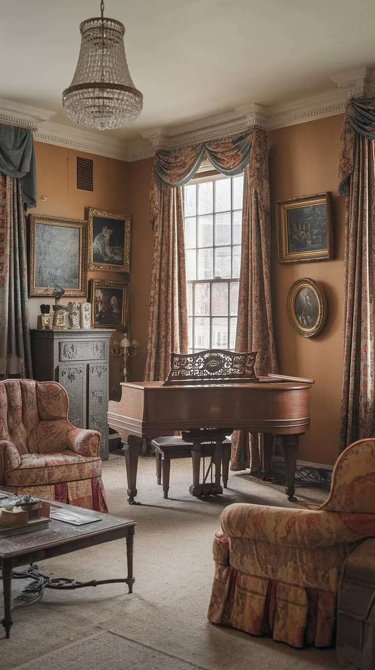 Opulent Victorian elegance meets French flair in a grand living room, complete with a piano and old-money ambiance