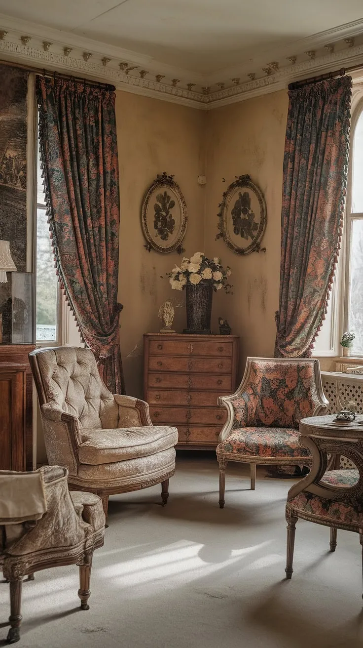 Step back in time to a Downton Abbey-esque Victorian tea room, luxuriously furnished with vintage French-inspired pieces.