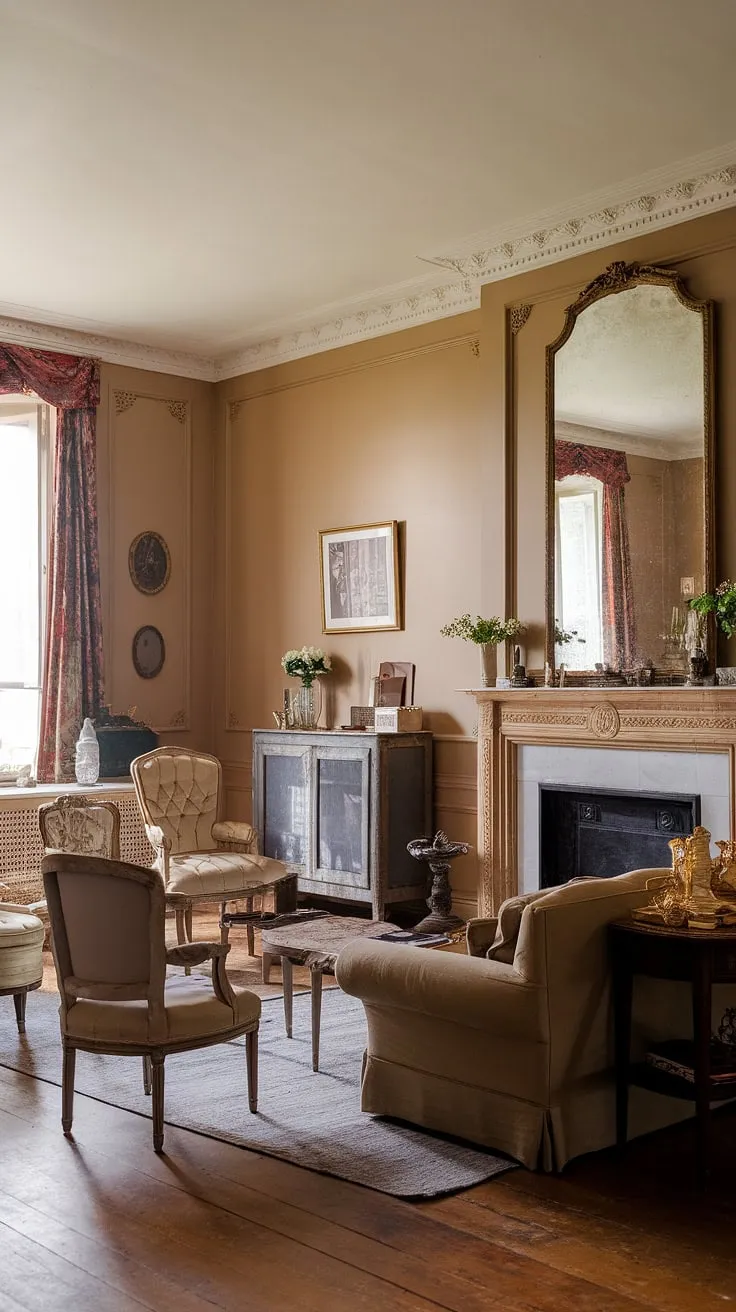 Warmth and elegance fill a Victorian living room, its French-inspired vintage décor highlighted by intricate moldings and a welcoming fireplace.