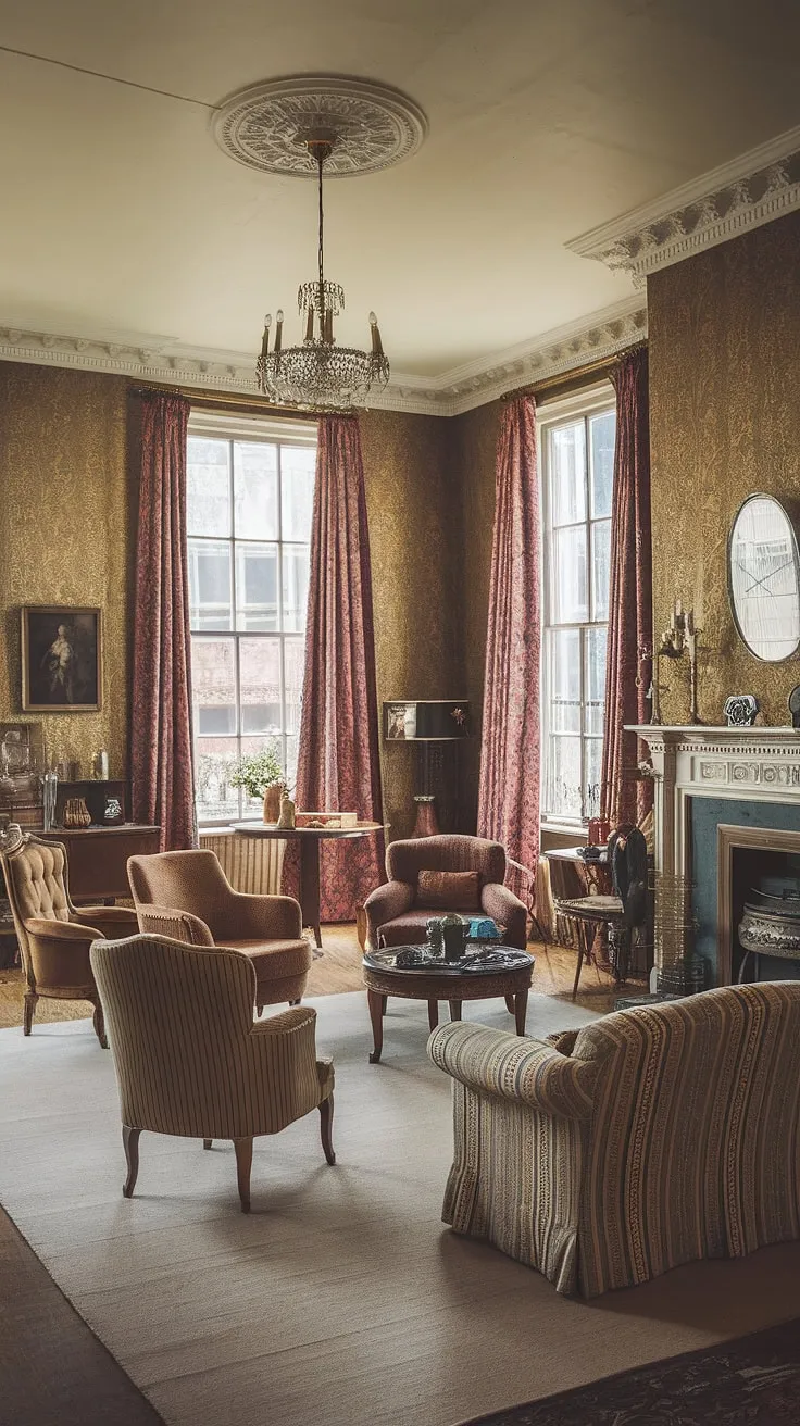 A high-ceilinged Victorian living room, boasting French influences and vintage furniture, exudes old-world elegance.