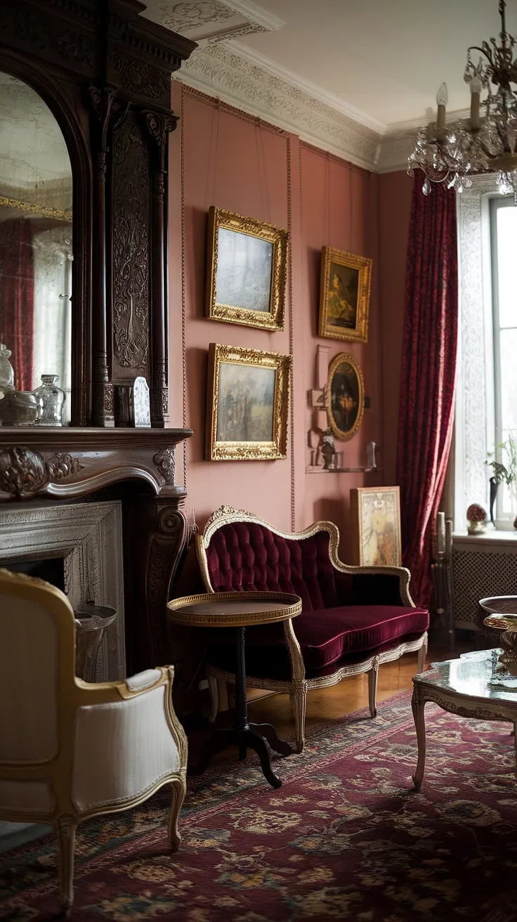 Opulent gold accents and dark wood define this inviting French Victorian living room, complete with a plush velvet sofa and antique charm.