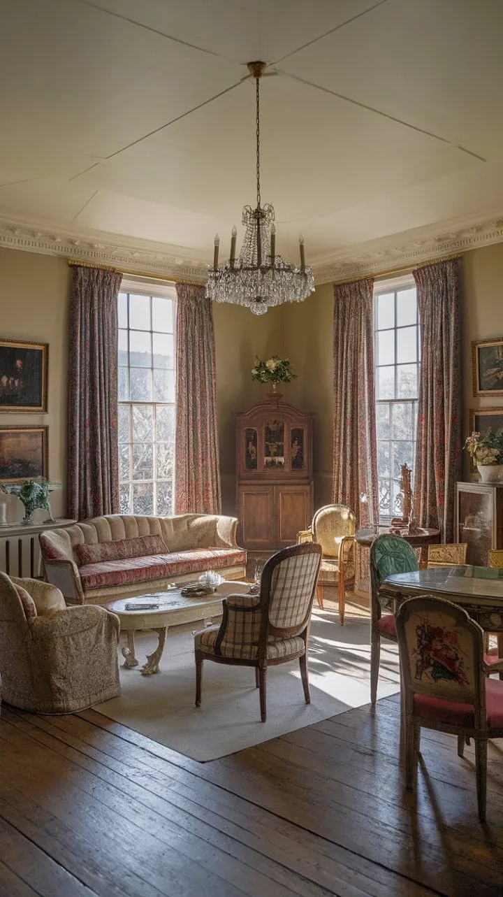 Experience the enchanting fusion of French and English elegance in a Victorian living room, where afternoon tea unfolds amidst whispers of timeless charm.