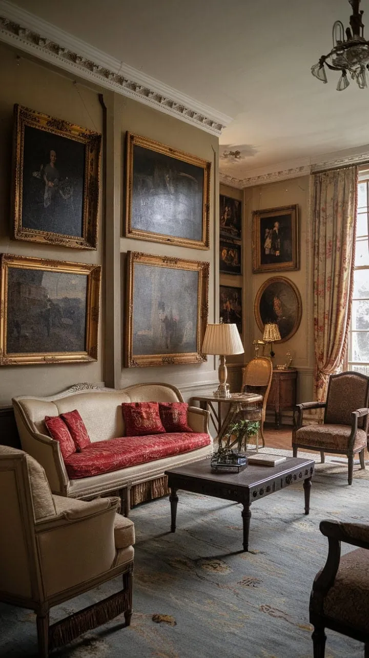 In this French-influenced Victorian living room, the ornate chandeliers and curated antiques whisper tales of old money and timeless elegance, offering a captivating glimpse into a bygone era.