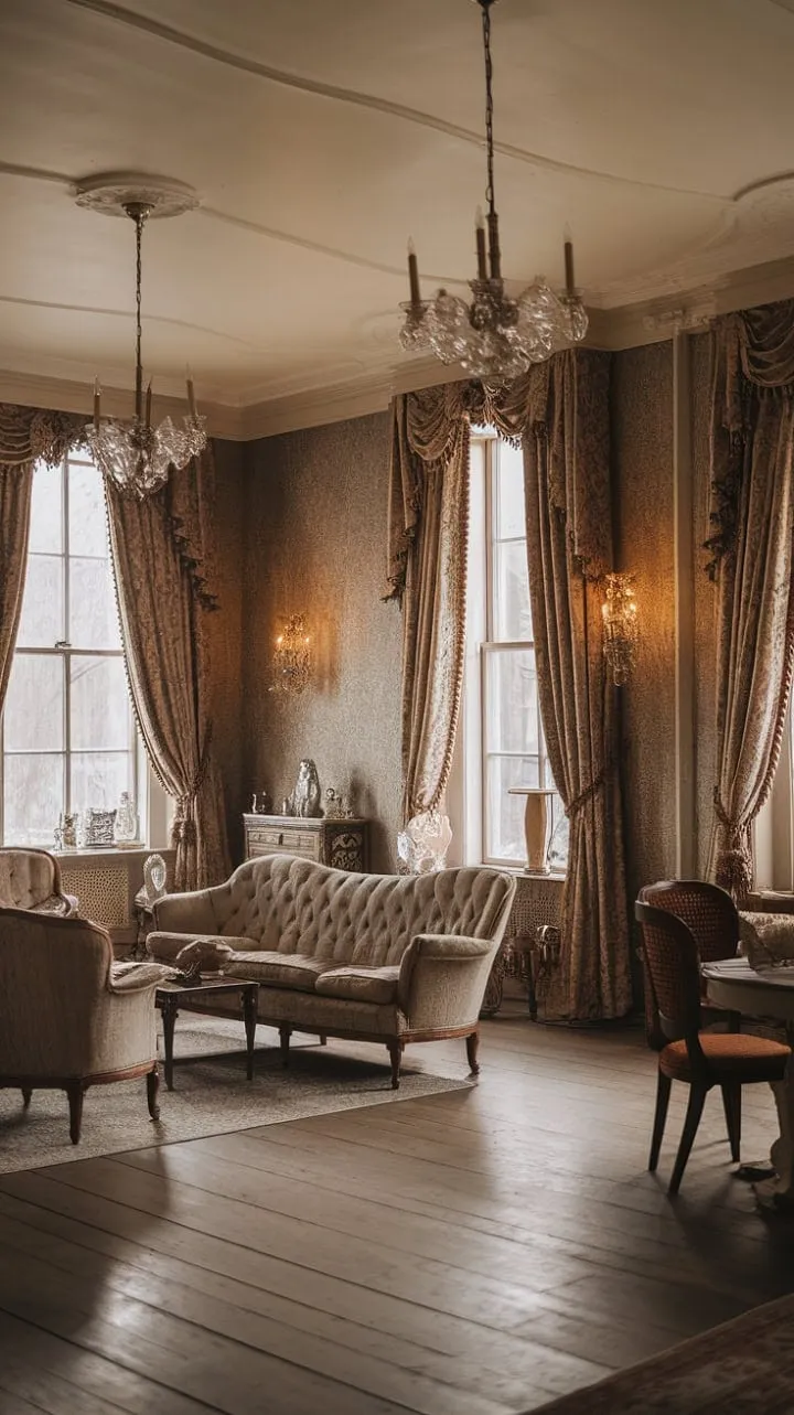 Bathed in sunlight, this meticulously preserved Victorian living room radiates timeless elegance, echoing the artistry of a bygone era.