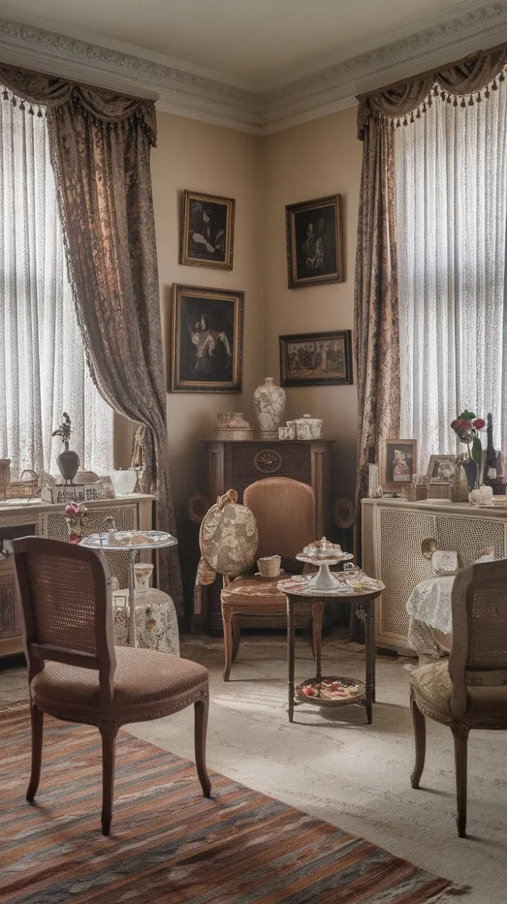 This Victorian living room, a harmonious blend of antique elegance and French charm, offers a serene escape steeped in history.