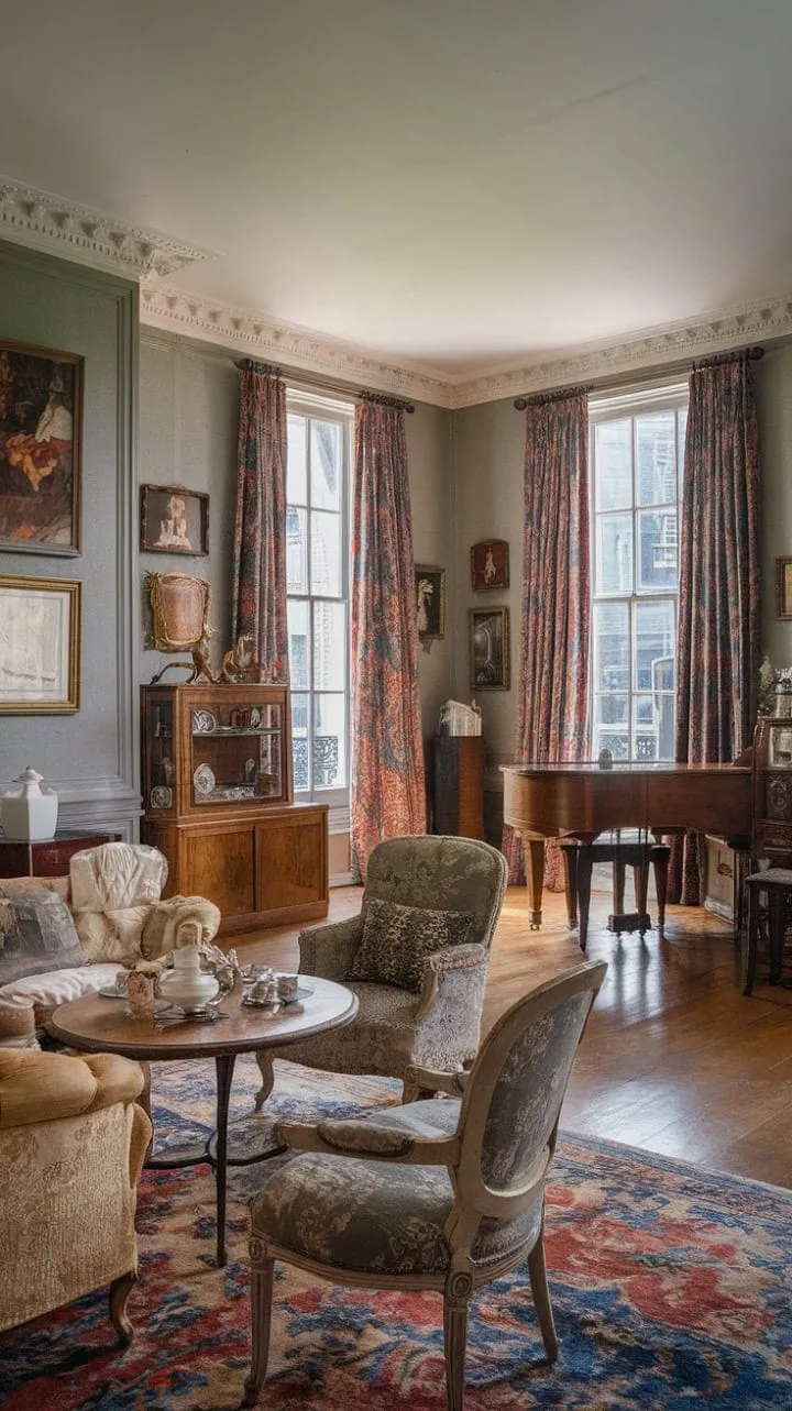 In a charming Victorian living room, aged furniture and lofty ceilings set the stage for an enchanting afternoon tea experience.