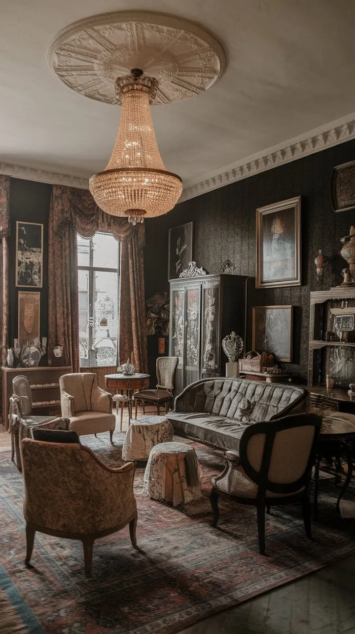 In a Victorian living room of gilded elegance and rich textures, history weaves a timeless symphony of sophistication.