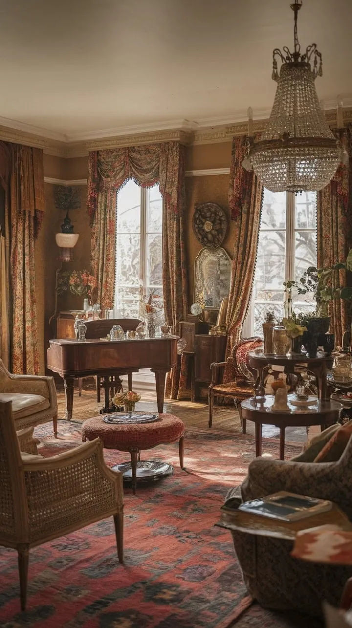 Step into a Victorian living room that harmoniously fuses French elegance with cozy charm, perfect for delightful tea afternoons with friends amidst rich woods and antique treasures.