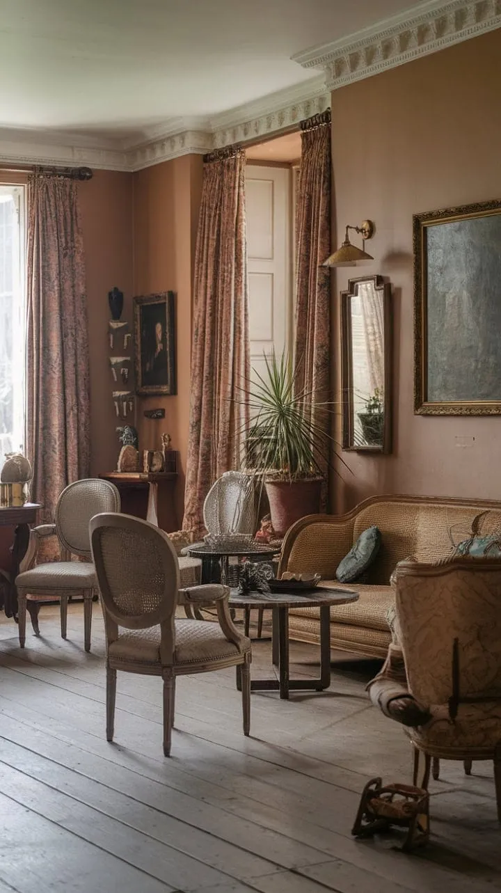 This Victorian living room beautifully blends English and French styles with luxurious antiques and rich fabrics, creating an atmosphere of opulent comfort and timeless elegance.