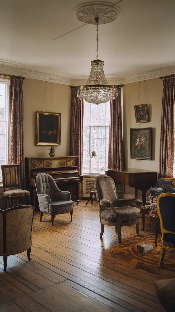Elegant Victorian grandeur meets French flair in a high-ceilinged living room, complete with grand piano and ornate details