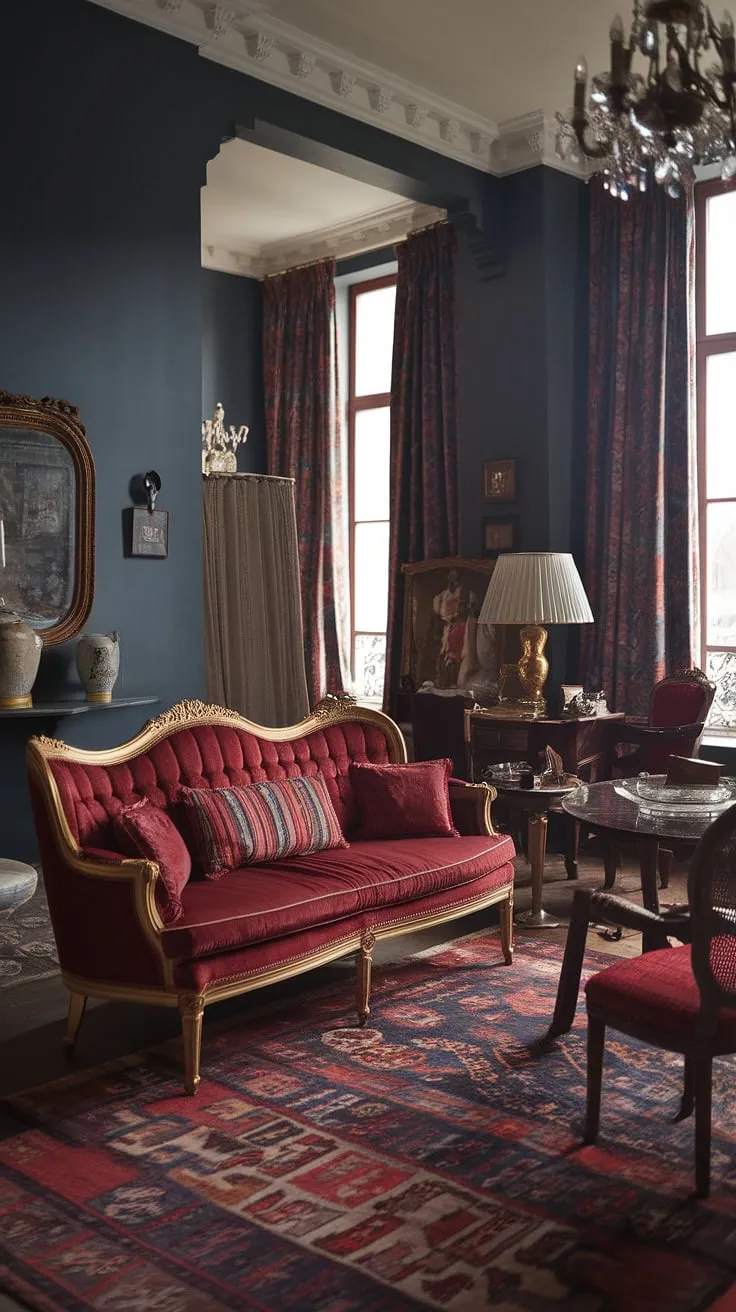 Elegant Victorian and French design elements create a vintage living room atmosphere.