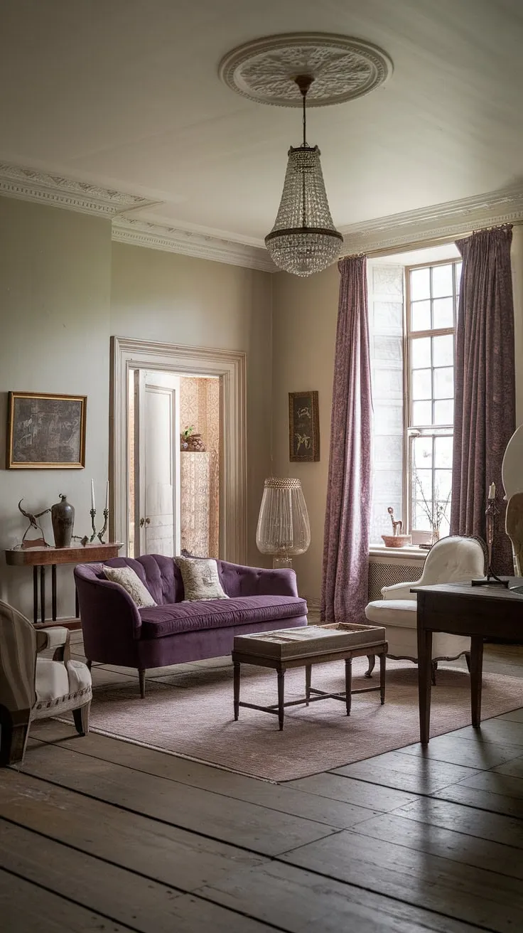 A high-ceilinged room showcases a blend of Victorian and French styles with vintage furniture and soft lighting.