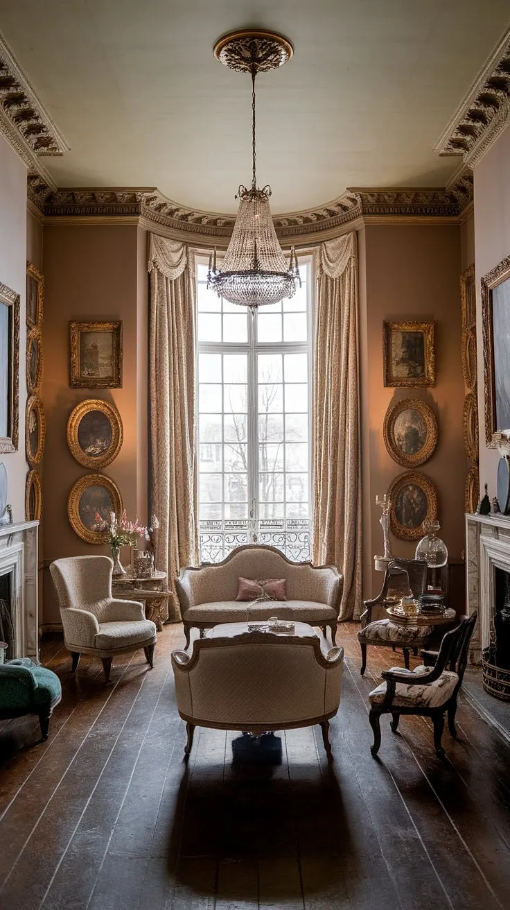 Ornate gold frames, a grand chandelier, and richly carved furniture create an old-money atmosphere in this high-ceilinged Victorian living room with French influences.