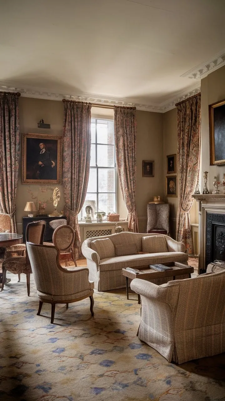 This Victorian living room captivates with its luxurious blend of French and English styles, inviting you to explore the enchanting tales woven into its rich textures and antique treasures.