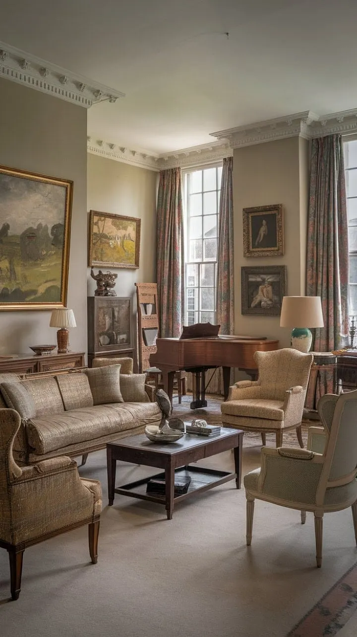 Sunlit and elegant, this Victorian living room enchants with a poised grand piano and whispering paintings that capture the charm of a bygone era.