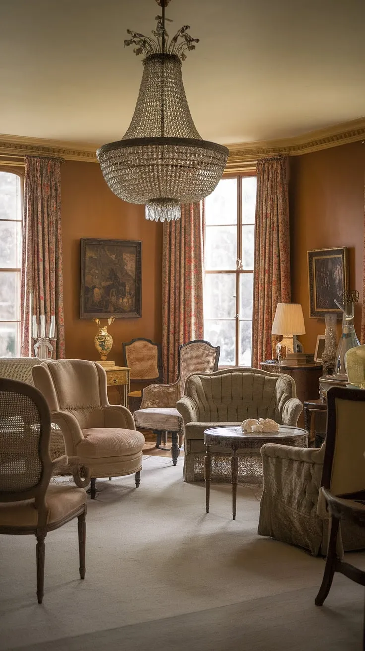 Elegant Victorian furnishings blend seamlessly with French accents in a warmly lit living room