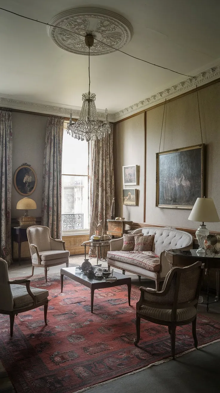 Elegant French Victorian décor fills a high-ceilinged living room with vintage furniture and ornate details