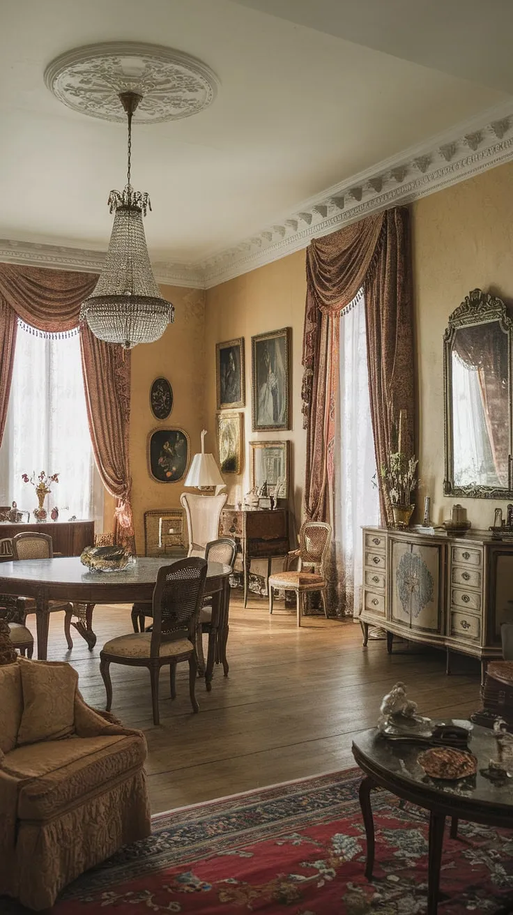 Elegant French Victorian décor fills a high-ceilinged living room with ornate furniture and rich textures