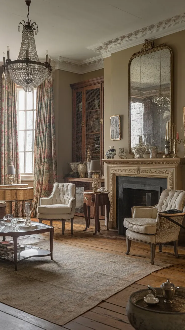 A lavish Victorian living room, blending French and Downton Abbey styles, exudes old-money elegance with antique furnishings and a grand chandelier.