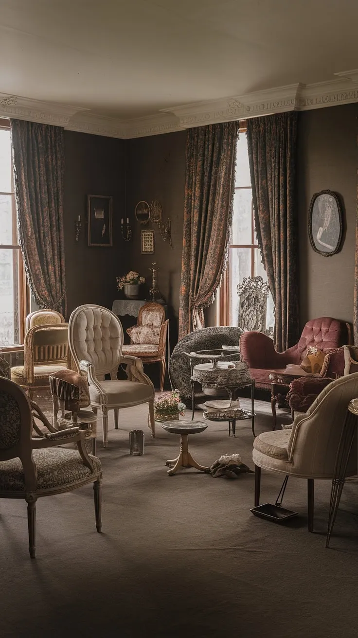 A dimly lit Victorian tea room exudes old-world charm with its dark, earthy tones and antique furniture