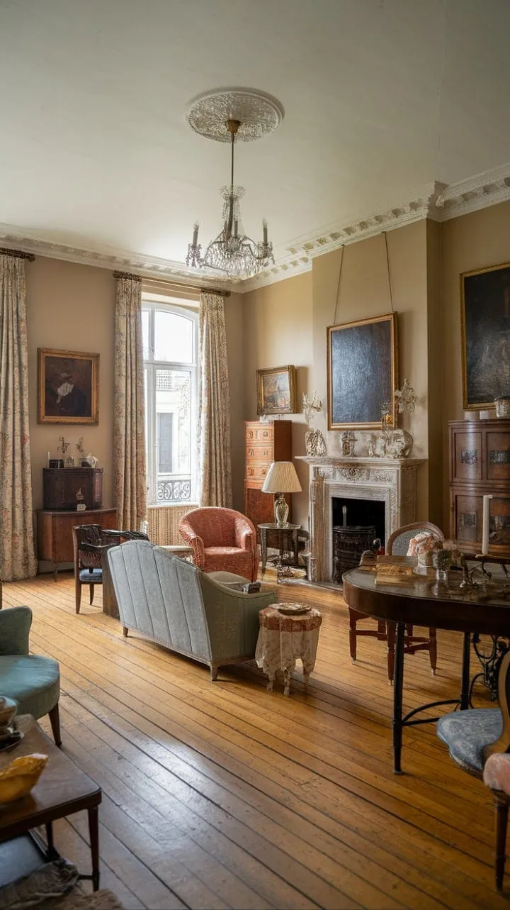 Sunlight dances across polished floors in a serene living room, where Victorian elegance intertwines with French artistry, evoking whispers of history and tranquility.