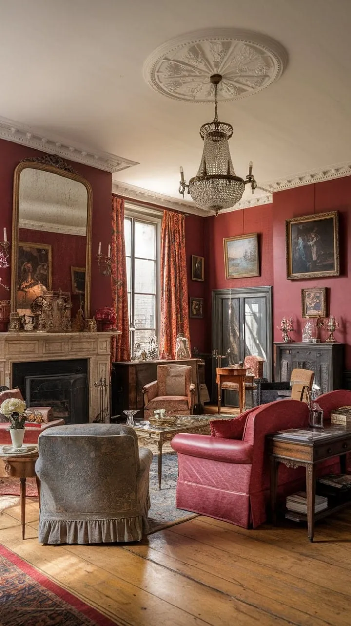 Step into a serene sanctuary where luxurious velvet and Victorian-French elegance unite under a stunning chandelier, crafting a captivating blend of rich textures and history.