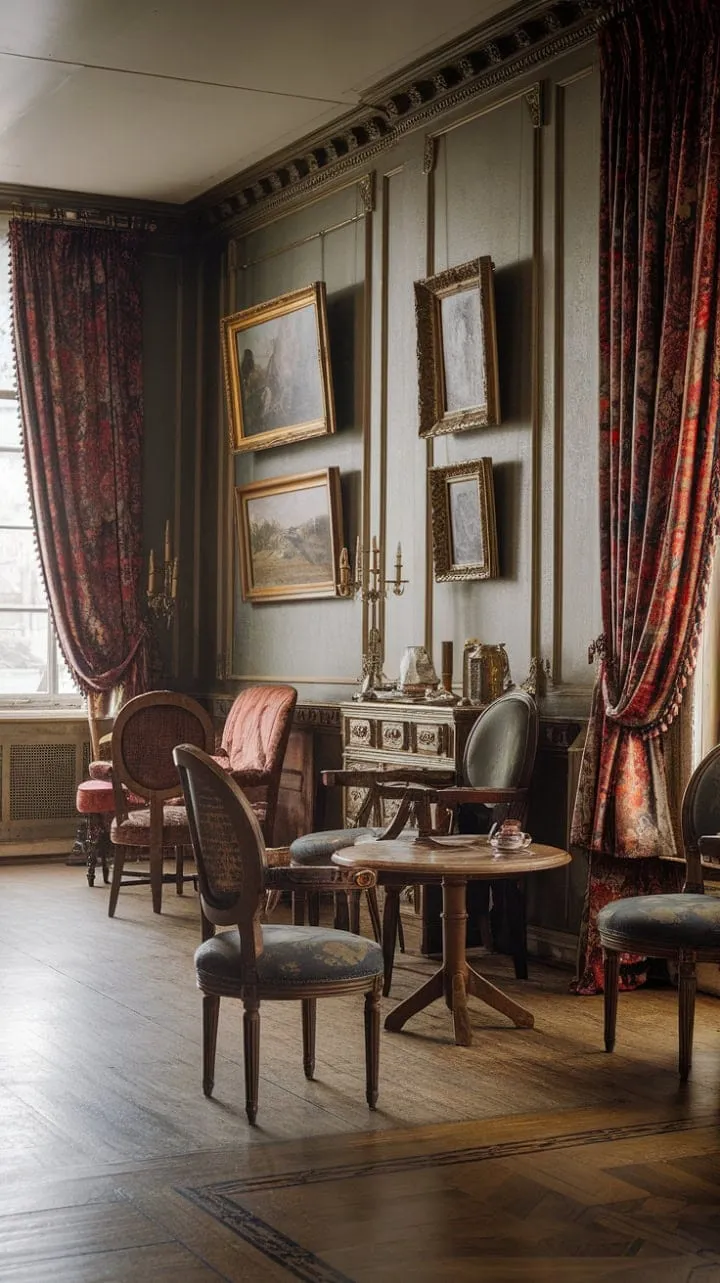 Experience a delightful fusion of Victorian elegance and French charm in a tea room that whispers secrets of a nostalgic, luxurious past.