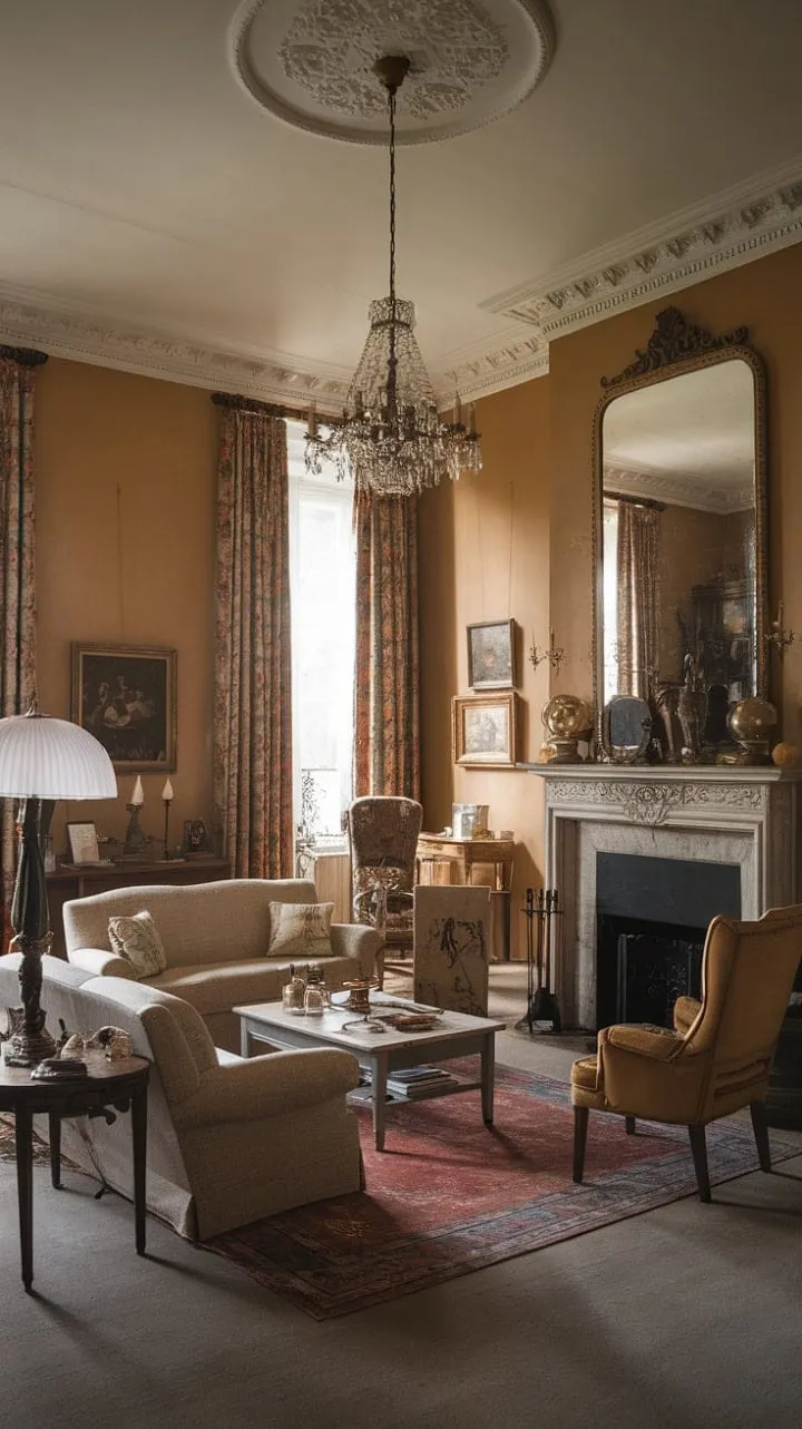 In a sumptuous French Victorian living room, the interplay of soaring ceilings, ornate moldings, and a shimmering chandelier creates a captivating aura of elegance and nostalgia.
