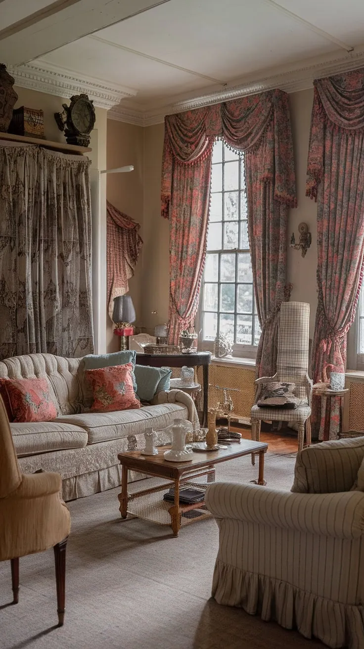 A vintage tea room and Downton Abbey-inspired decor combine to evoke the elegance of a bygone era in this old house's living room.