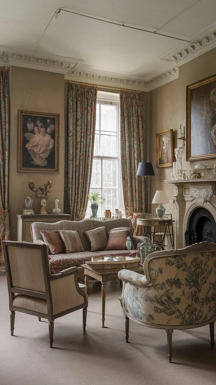 Elegant Victorian and French design elements blend in a vintage tea room setting reminiscent of Downton Abbey.