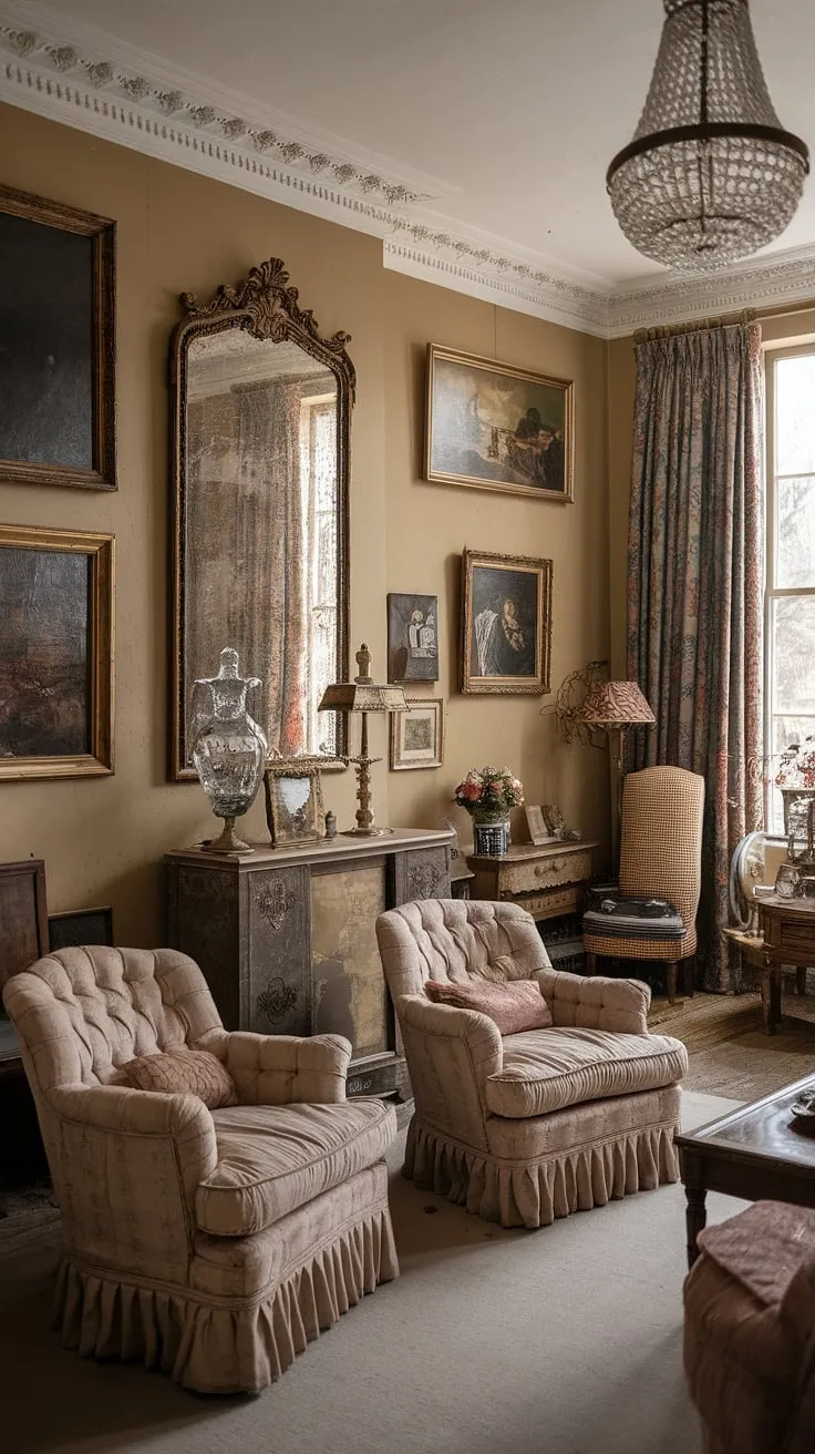 A cozy, elegant Victorian living room, adorned with French-inspired vintage furniture and artwork, evokes the grandeur of Downton Abbey.