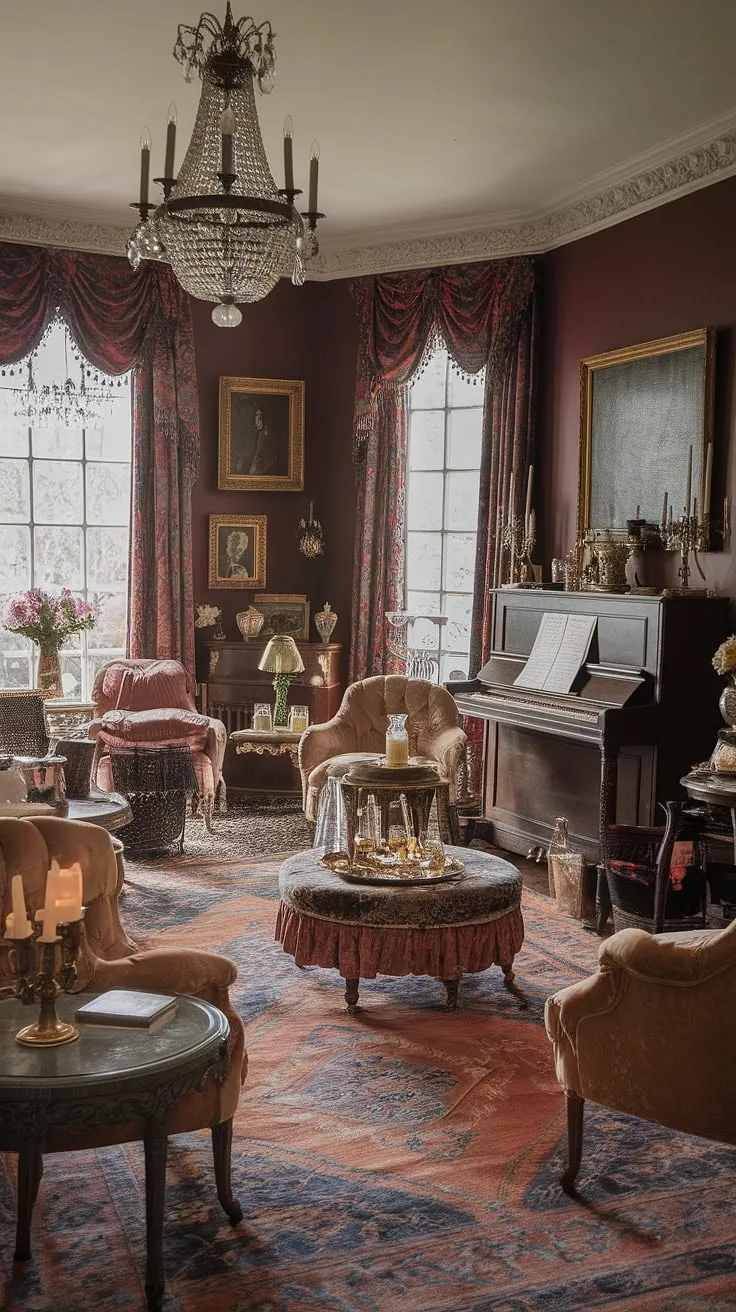 A richly appointed Victorian tea room, boasting French influences, old money elegance, and a decadent array of antiques, invites guests to a luxurious past.