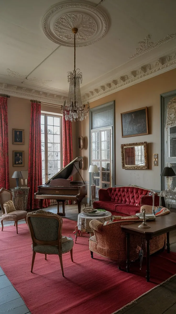 A grand Victorian living room, infused with French elegance, boasts high ceilings, ornate moldings, a plush red sofa, and a grand piano beneath a sparkling chandelier.