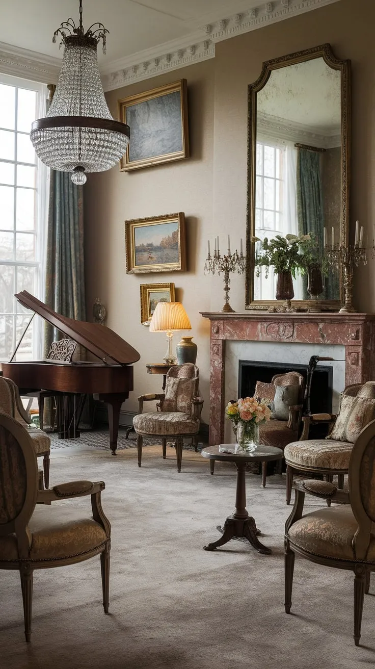 A plush Victorian living room, infused with French elegance, boasts a stunning chandelier, marble mantelpiece, and grand piano.