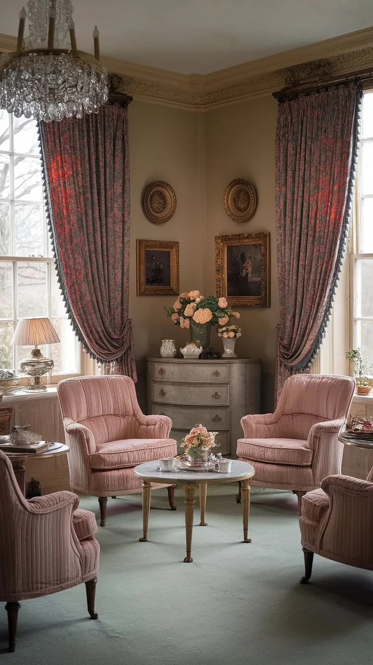 A beautiful old house's tea room evokes old money charm with its retro Victorian and French interior design.