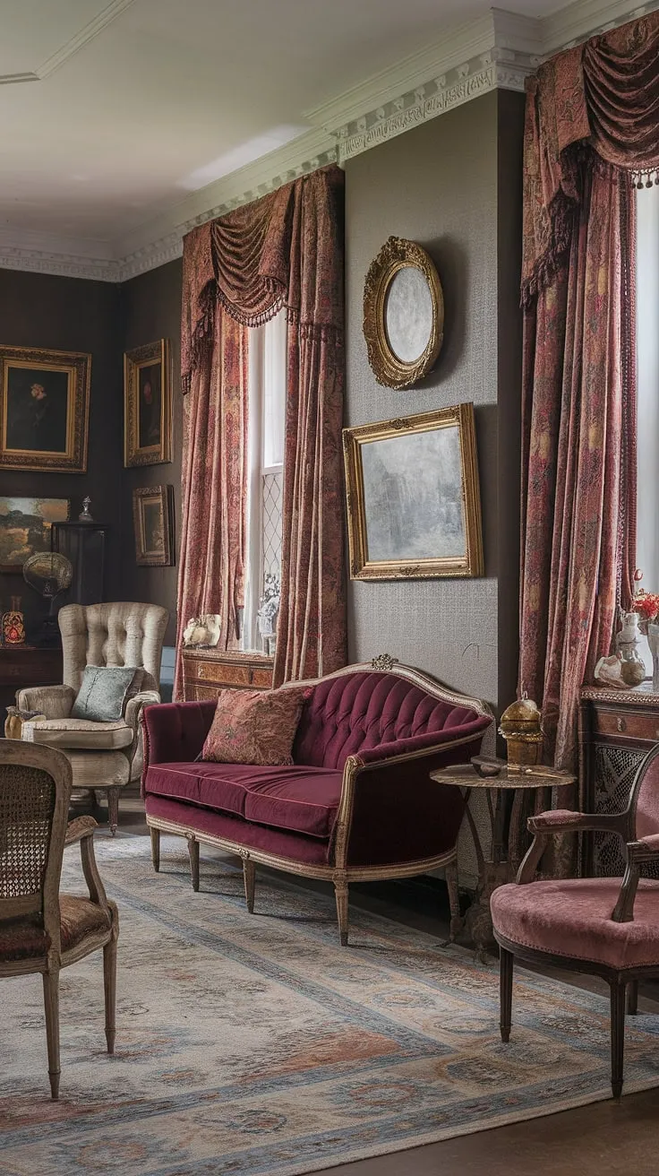 A vintage tea room evokes the refined elegance of a Victorian living room with French influences.