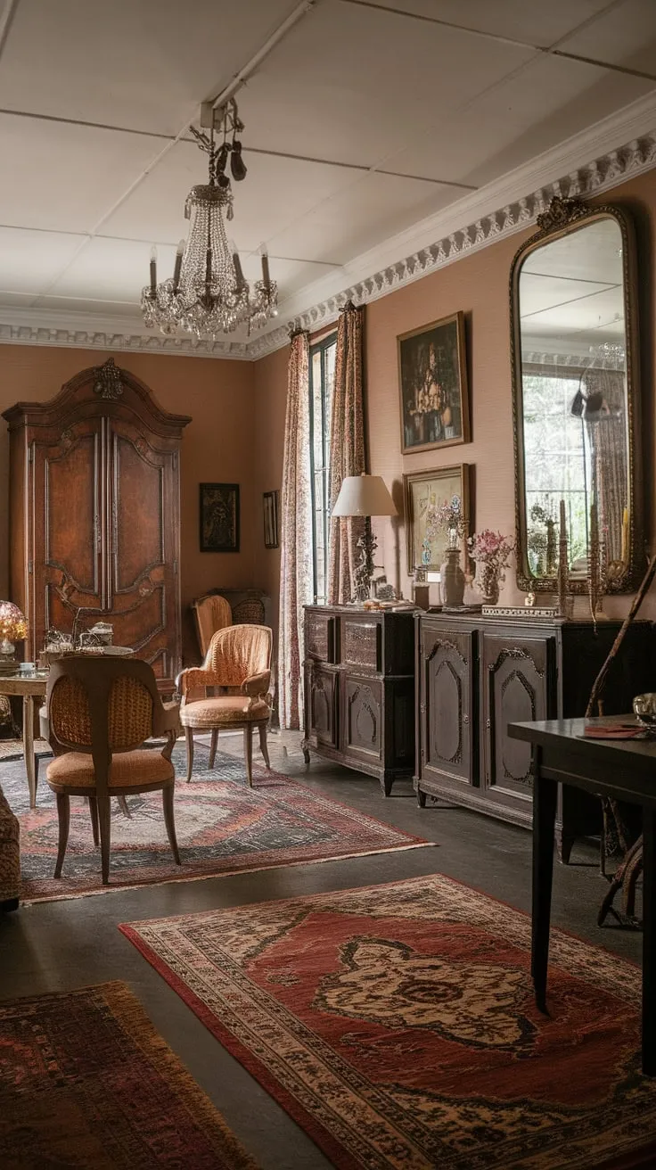 A Victorian living room's French-inspired décor evokes a refined and nostalgic ambiance.