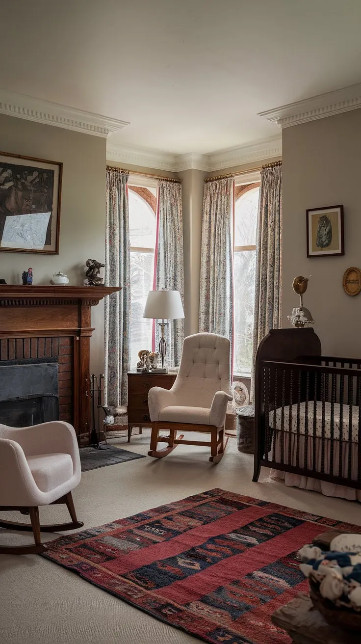Where modern comfort meets Victorian charm. A beautifully restored nursery seamlessly blends antique furniture and contemporary design, creating a space both elegant and nurturing. The high ceilings and ornate fireplace add to the grandeur, while the soft rug and rocking chair promise quiet moments of comfort. A perfect blend of old and new.