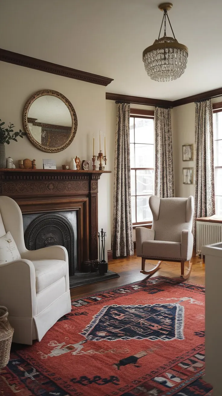 A Victorian nursery reimagined. The traditional layout, complete with a stately fireplace and antique rocking chair, is softened by a light color palette and carefully chosen modern accents. A perfect blend of history and contemporary style, creating a nursery that is both beautiful and functional. The patterned rug and chandelier add a touch of elegance to this peaceful retreat.