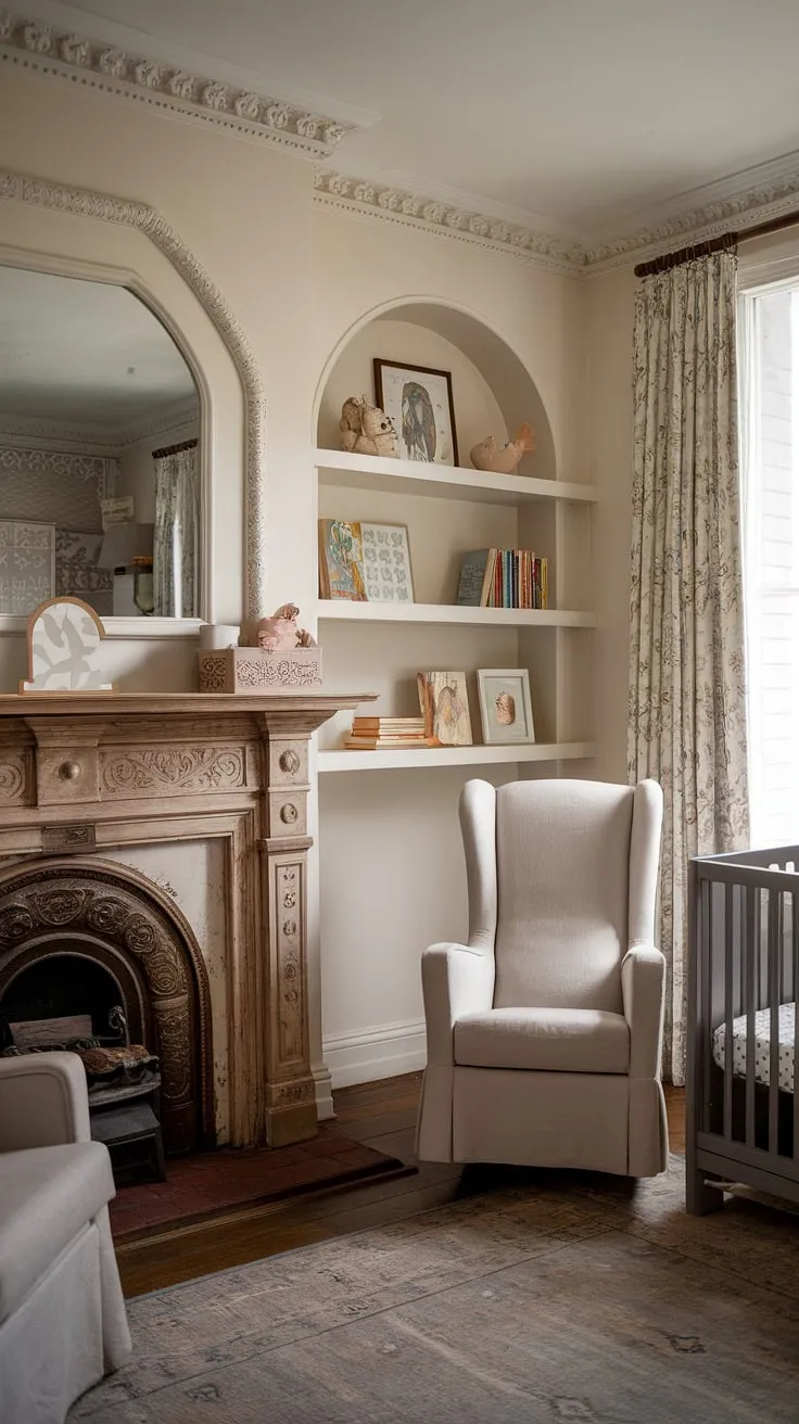 Where old-world charm meets modern comfort. This Victorian nursery seamlessly blends antique elegance, like the fireplace and rocking chair, with contemporary touches, creating a space that's both soothing and stylish. The result is a haven of tranquility for baby, a testament to the enduring beauty of classic design and the practicality of a modern living.