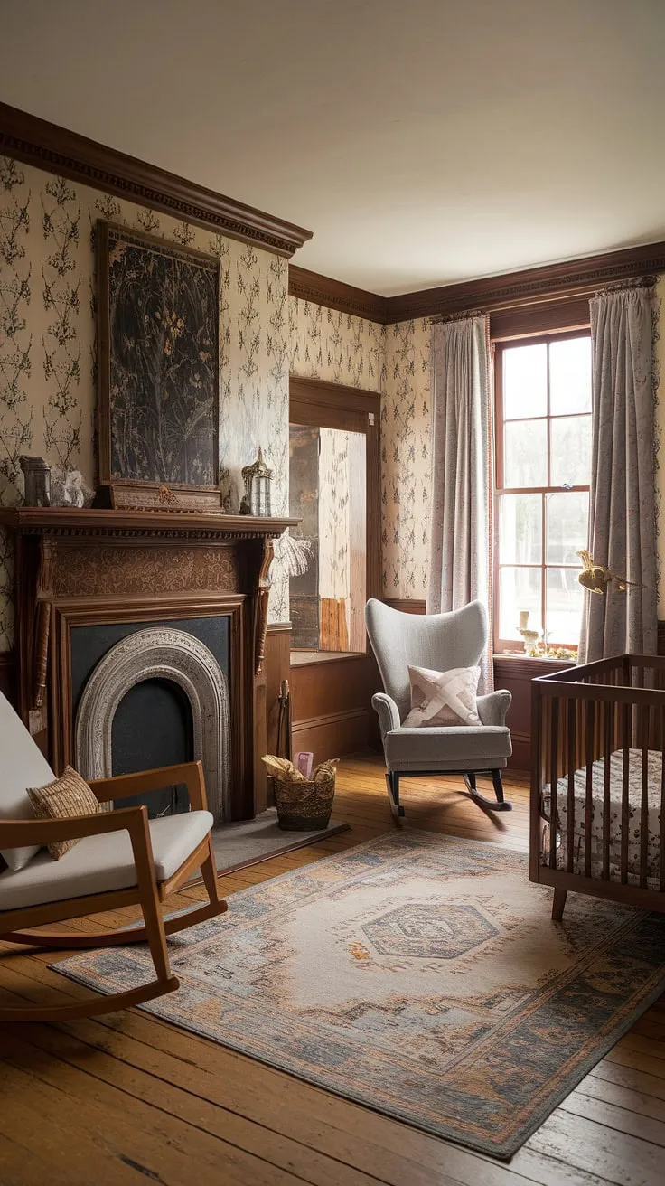 Where old-world charm meets modern comfort. This Victorian nursery seamlessly blends antique elegance with contemporary sensibilities, creating a space both timeless and utterly enchanting. The floral wallpaper, ornate fireplace, and rocking chair whisper tales of generations past, while the crib and carefully curated details speak to the joy of a new beginning. A perfect blend of heritage and hope.