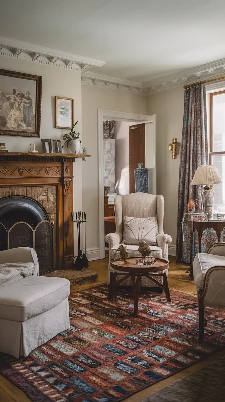 A captivating fusion of eras. This Victorian nursery masterfully unites the grandeur of a bygone era with the clean lines of modern aesthetics. The carefully curated details, from the fireplace to the patterned rug, create a space that is both visually stunning and incredibly cozy. A truly unique and inspiring design.