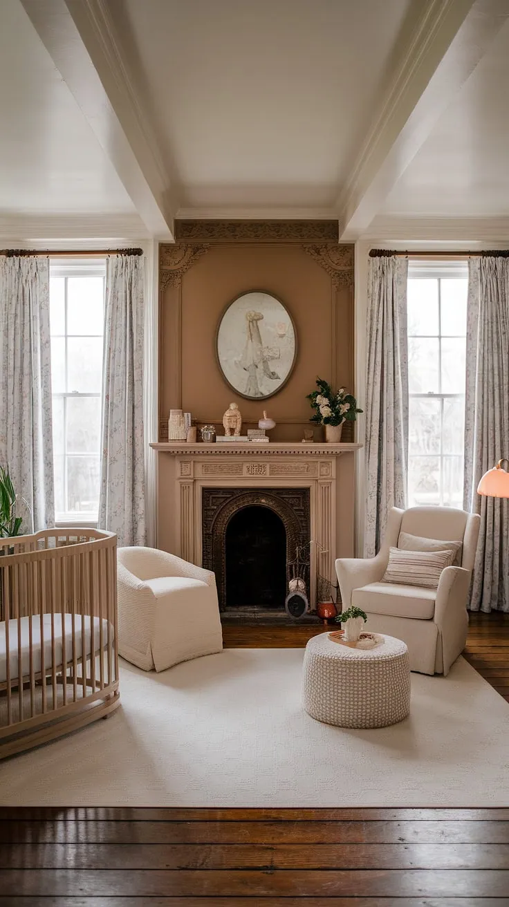 Where old-world charm meets modern comfort. Sunlight streams into this Victorian nursery, illuminating the elegant fireplace and antique furnishings, creating a space that's both timeless and fresh. A perfect blend of heritage and contemporary style.