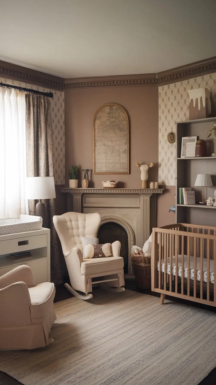 Where old-world charm meets modern comfort. This Victorian nursery seamlessly blends antique elegance with contemporary functionality, creating a space that's both beautiful and practical for baby's arrival. The ornate fireplace and patterned wallpaper whisper tales of the past, while the crib, rocker, and changing table provide all the necessities for a happy, healthy little one. A perfect blend of eras, this nursery is a testament to thoughtful design.