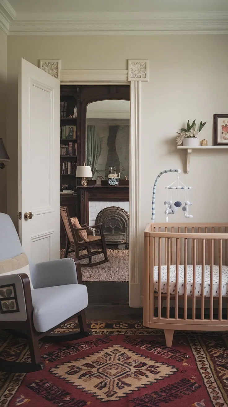 Where modern comfort meets Victorian charm. This nursery seamlessly blends antique elegance with contemporary practicality, creating a haven of tranquility for the little one. The glimpse of the vintage parlor beyond the doorway hints at a home filled with cherished family history. A perfect blend of old and new.
