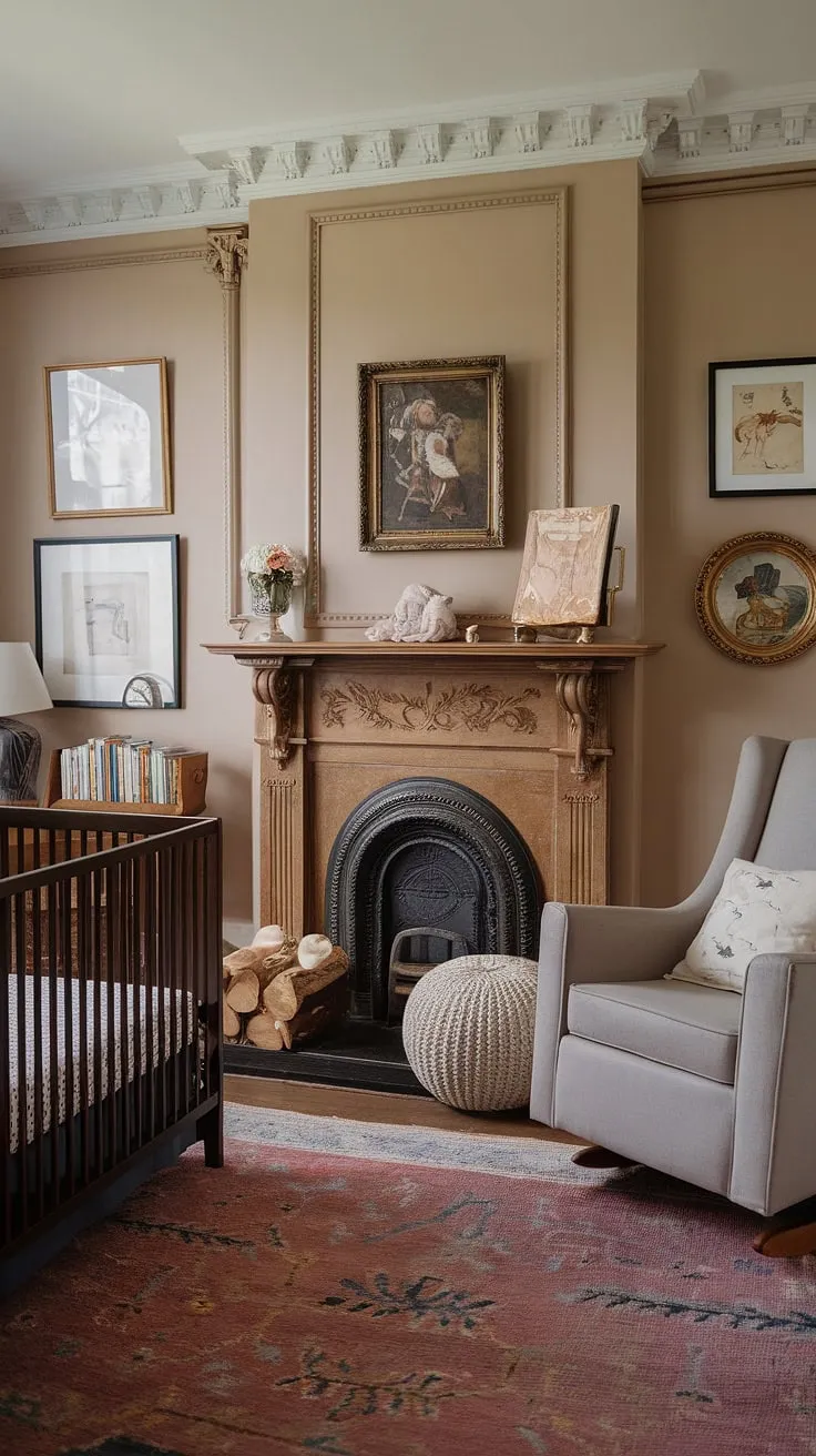 A whimsical retreat for the little one. This nursery's Victorian-inspired design, complete with a cozy fireplace and curated artwork, evokes a sense of timeless elegance. A space designed for dreams and quiet moments, filled with love and cherished memories. A truly enchanting room.